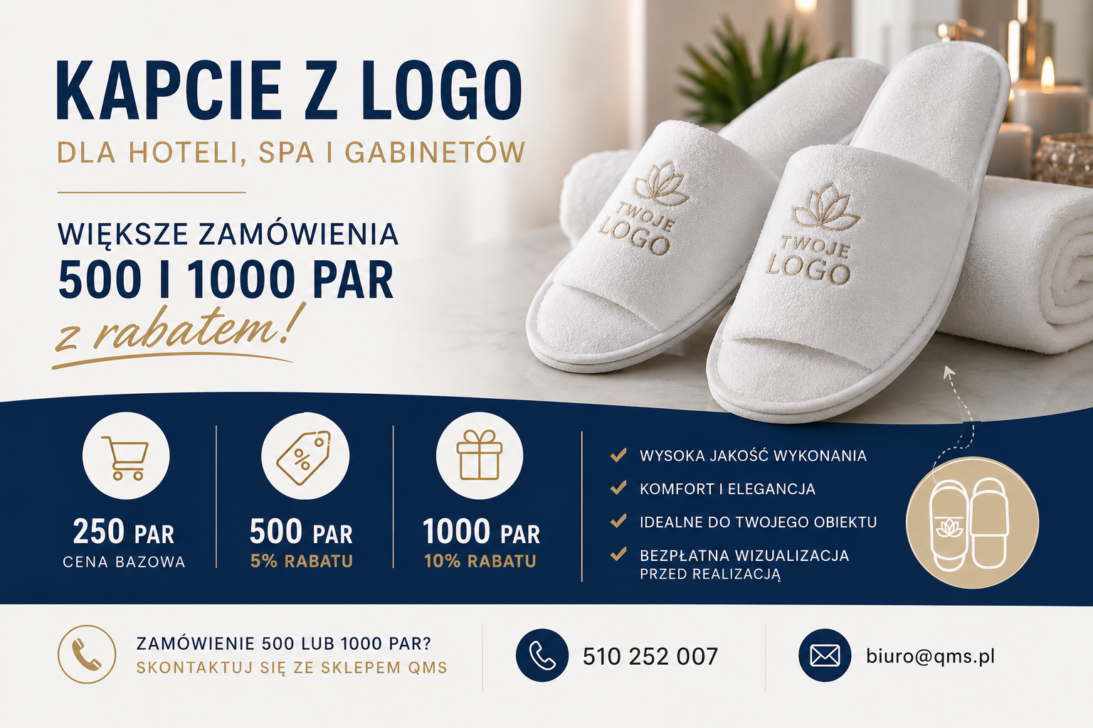 Kapcie z logo dla hoteli, SPA i gabinetów – większe zamówienia 500 i 1000 par z rabatem
