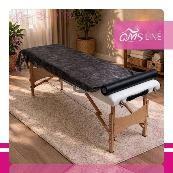 Podkład Kosmetyczny Jednorazowy z Włókniny Czarny 60 cm x 50 m QMS Line Standard Podkład kosmetyczny jednorazowy z włókniny czarny 60 cm x 50 m QMS Line Standard do salonu kosmetycznego