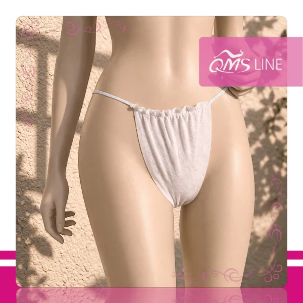 Stringi Włókninowe Jednorazowe Damskie L 10 szt. QMS Line Premium Stringi włókninowe jednorazowe damskie L pakowane zbiorczo 10 szt. QMS Line Premium do salonu kosmetycznego i SPA
