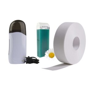 Zestaw startowy do depilacji roll-on podgrzewacz 65W wosk azulenowy 100 ml paski 100 mb – komplet